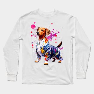 Vibrant Dachshund in Colorful Kimono Inspired by Japanese Culture Long Sleeve T-Shirt